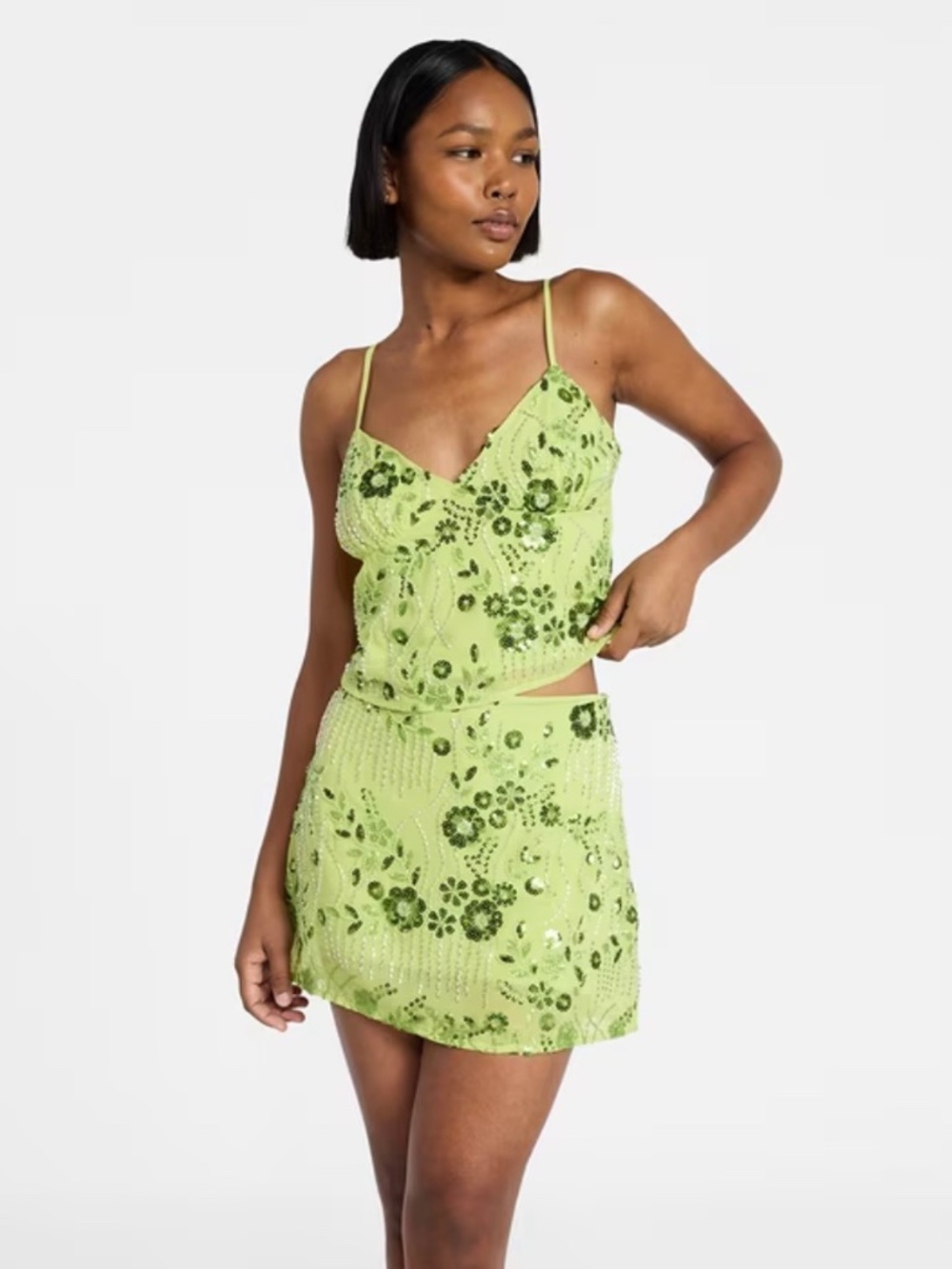 No Boundaries Sequin Beaded Embellished Cami Tank Top Light Green Womens Size M